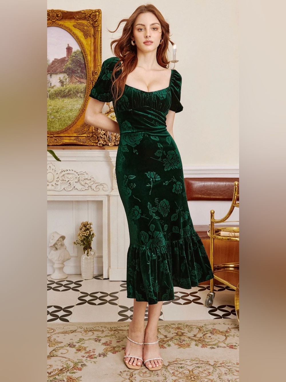 Emerald Green Floral Velvet Midi Dress - Women